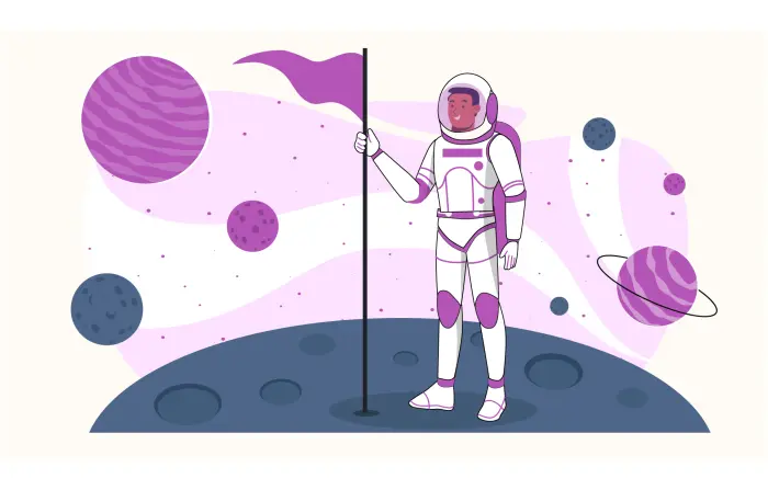 Astronaut Standing on the Moon with Flag Flat Design Illustration